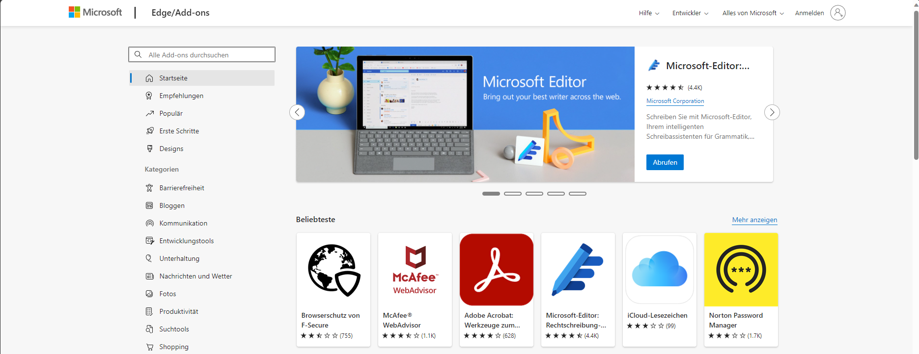 Microsoft Edge Add-ons store homepage